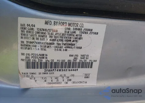 2004 Ford Crown Victoria Lx from USA, damaged, VIN 2FAHP74WX4X164469